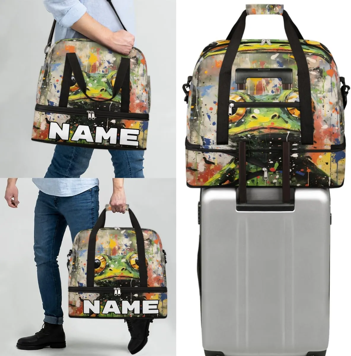 Cute Frog Custom Foldable Duffle Bag with Shoes Compartment Personalized Large Capacity Waterproof Travel Weekender Bag Overnight Bag for Sports Gym