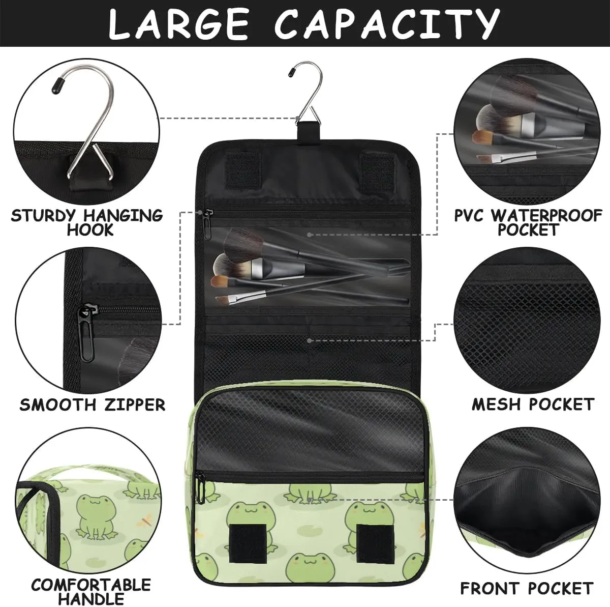 Cute Frog Hanging Toiletry Bag Waterproof Makeup Cosmetic Bag Travel Bag Organizer for Accessories Shampoo Full Sized Container Travel-Essentials Toiletry Bag