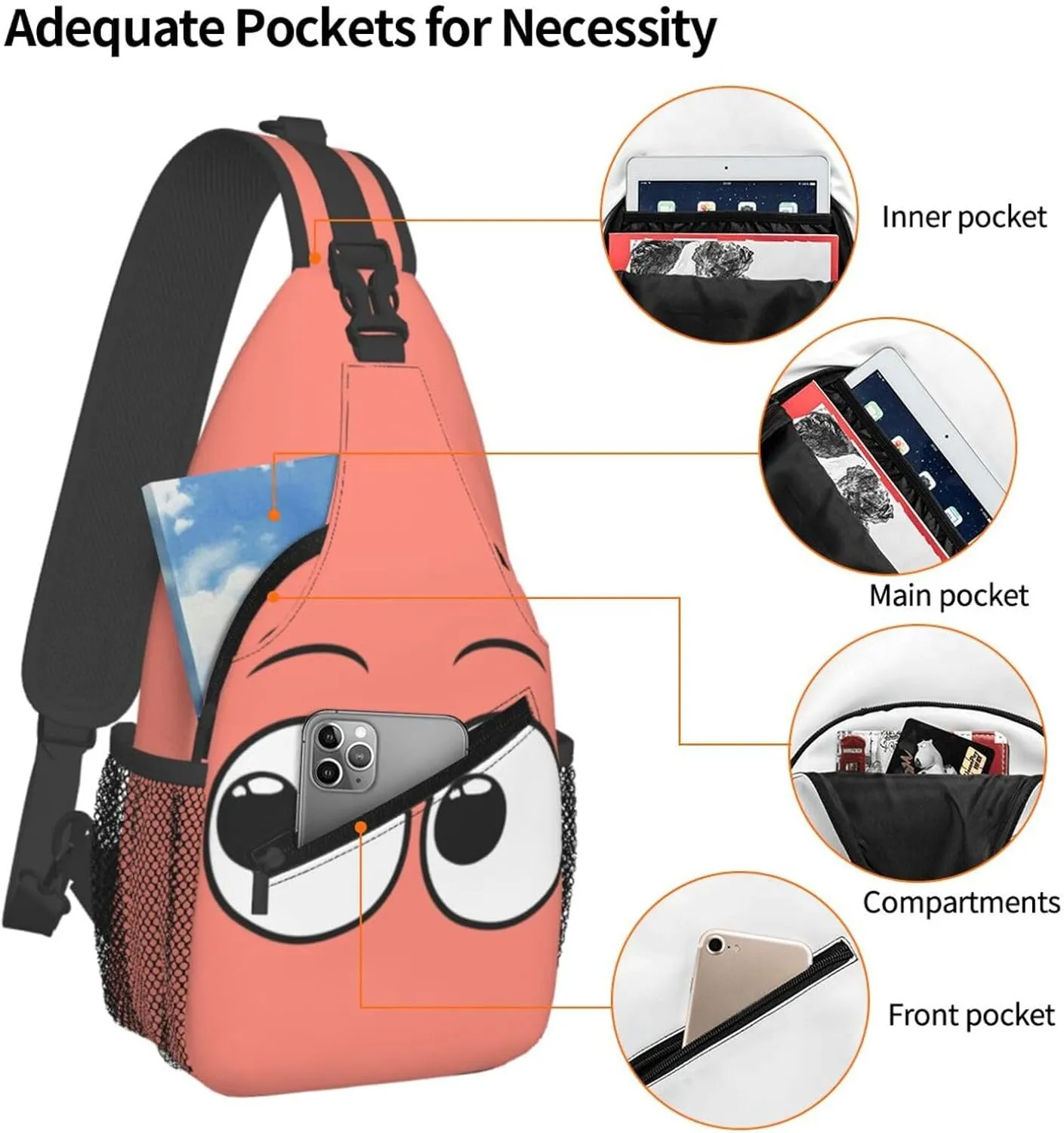 Cute Funny Cartoon Sketch Eyes Crossbody Bag Cross Chest Bag Adjustable Sling Backpack Sports Gym Shoulder Bags Travel Cycling Daypack Diagonally Casual Rucksack
