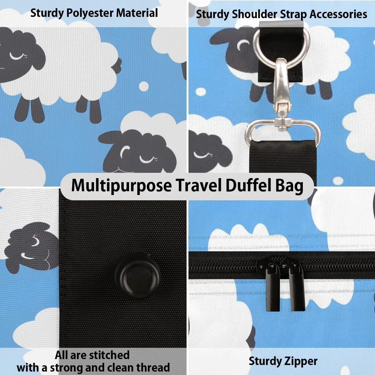Cute Funny Sheep Travel Duffel Bag for Women Men Waterproof Foldable Overnight Weekender Bag Large Capacity Sports Gym Bag