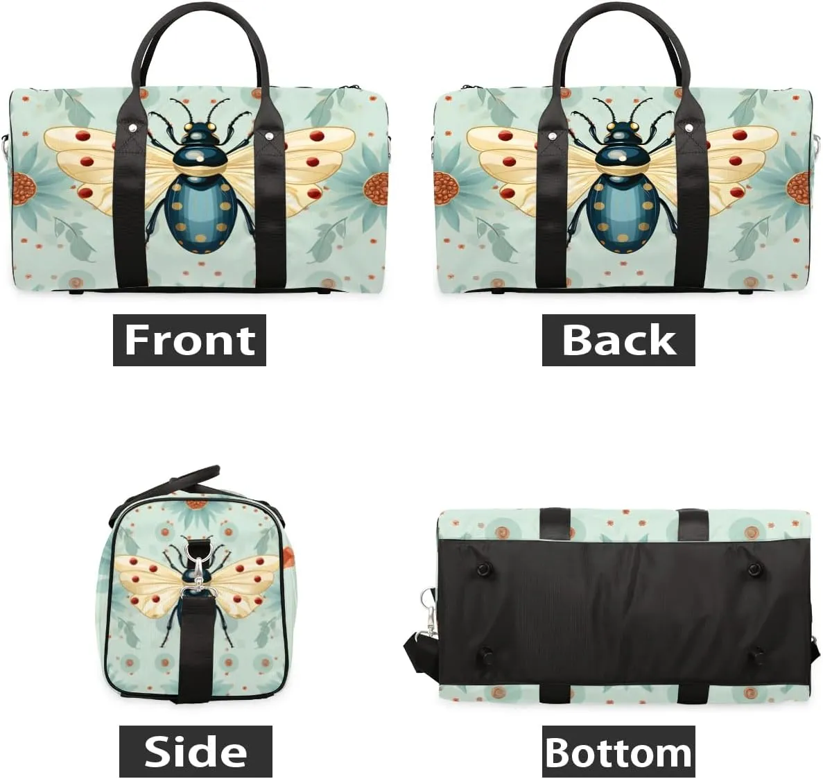Cute Insect Travel Duffel Bag for Women Men Waterproof Foldable Overnight Weekender Bag Large Capacity Sports Gym Bag