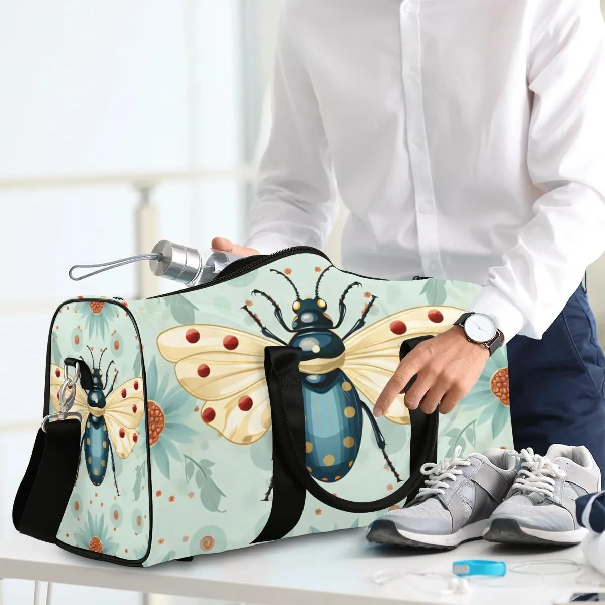 Cute Insect Travel Duffel Bag for Women Men Waterproof Foldable Overnight Weekender Bag Large Capacity Sports Gym Bag