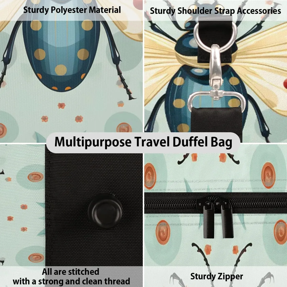 Cute Insect Travel Duffel Bag for Women Men Waterproof Foldable Overnight Weekender Bag Large Capacity Sports Gym Bag