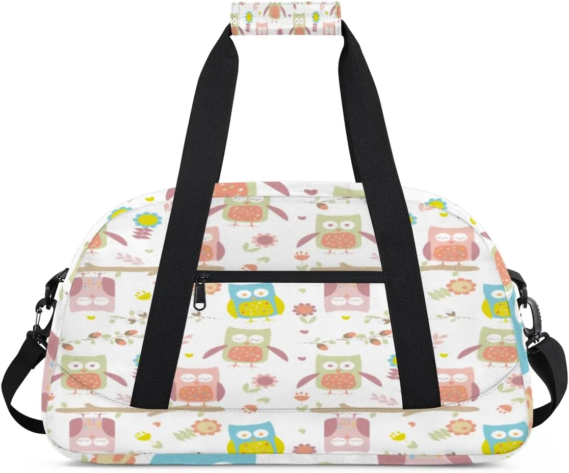 Cute Owls Gym Duffel Bag for Men Women Flower Leaves Sports Tote Bag with Adjustable Shoulder Strap for Dance Gymnastics Traveling Outdoor Camping Overnight Stay
