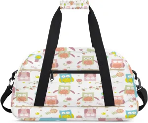 Cute Owls Gym Duffel Bag for Men Women Flower Leaves Sports Tote Bag with Adjustable Shoulder Strap for Dance Gymnastics Traveling Outdoor Camping Overnight Stay