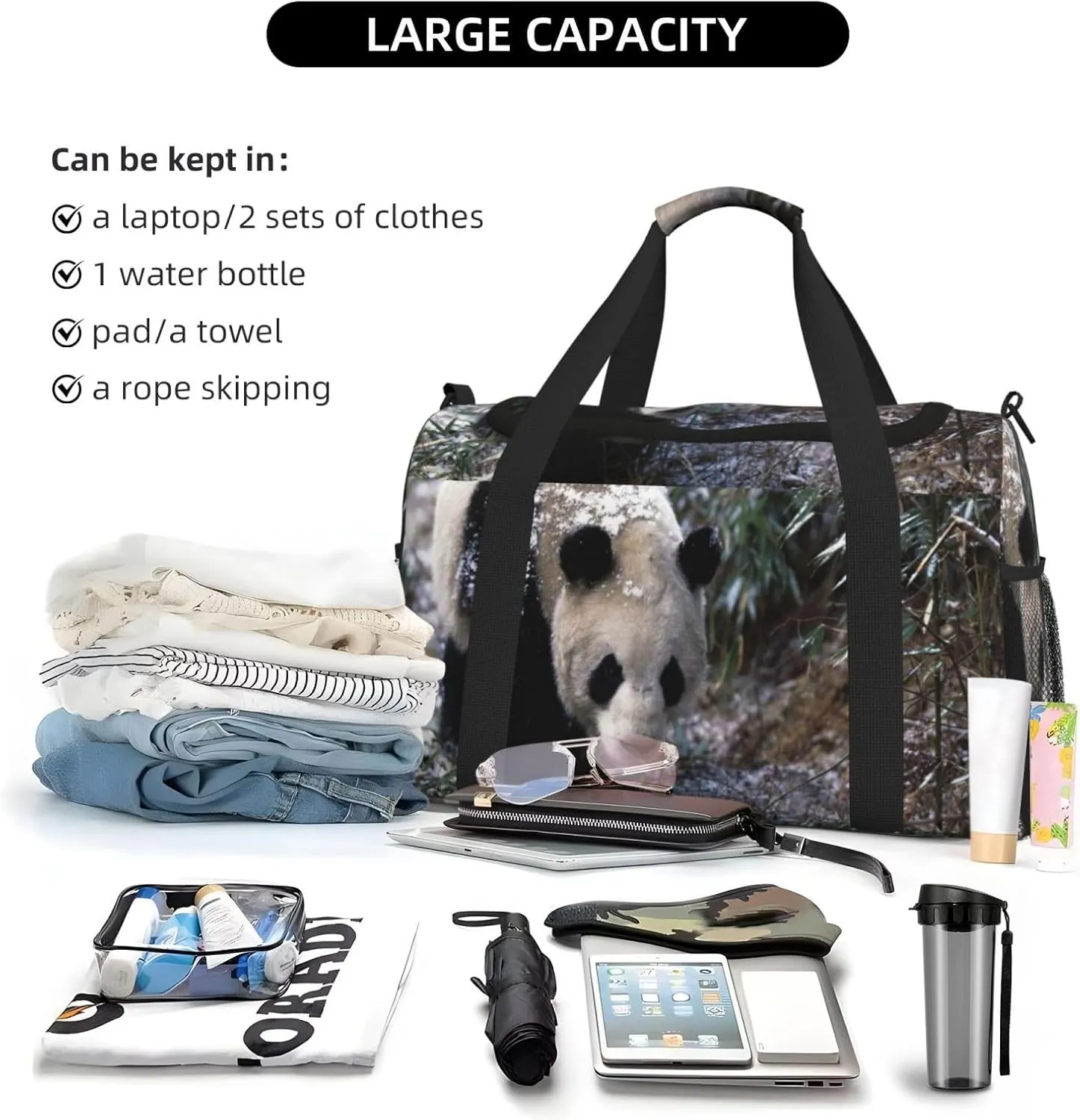 Cute Panda Travel Duffel Bag Large Foldable Waterproof Overnight Bag For Beach Swim Bags Pool Sports Gym