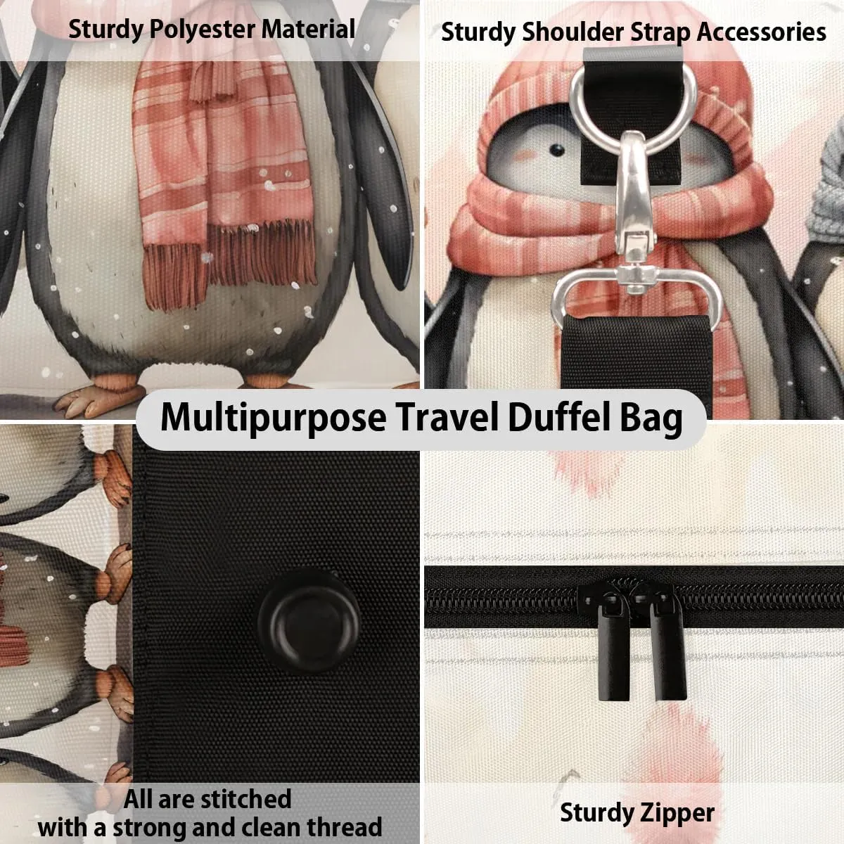 Cute Penguins Travel Duffel Bag for Women Men Waterproof Foldable Overnight Weekender Bag Large Capacity Sports Gym Bag