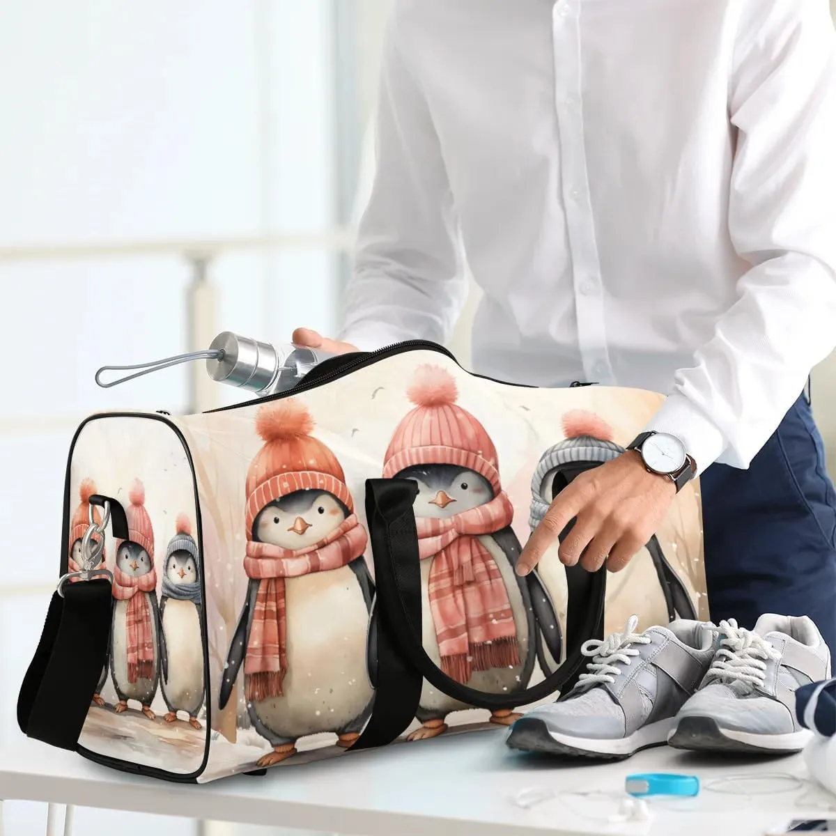 Cute Penguins Travel Duffel Bag for Women Men Waterproof Foldable Overnight Weekender Bag Large Capacity Sports Gym Bag