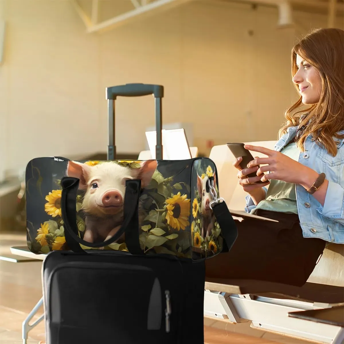 Cute Pig Sunflowers Travel Duffel Bag for Women Men Waterproof Foldable Overnight Weekender Bag Large Capacity Sports Gym Bag