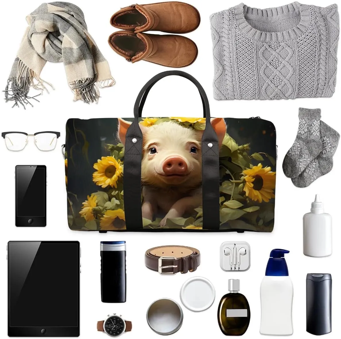 Cute Pig Sunflowers Travel Duffel Bag for Women Men Waterproof Foldable Overnight Weekender Bag Large Capacity Sports Gym Bag