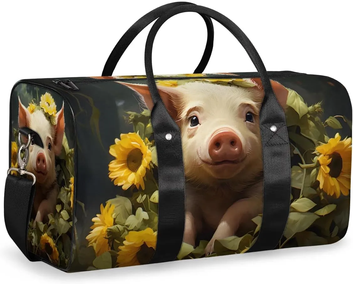 Cute Pig Sunflowers Travel Duffel Bag for Women Men Waterproof Foldable Overnight Weekender Bag Large Capacity Sports Gym Bag