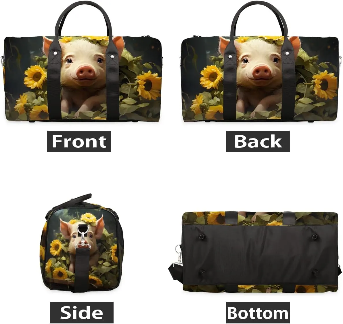 Cute Pig Sunflowers Travel Duffel Bag for Women Men Waterproof Foldable Overnight Weekender Bag Large Capacity Sports Gym Bag