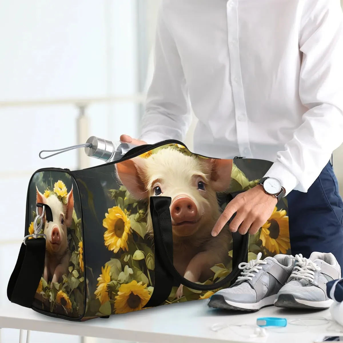 Cute Pig Sunflowers Travel Duffel Bag for Women Men Waterproof Foldable Overnight Weekender Bag Large Capacity Sports Gym Bag