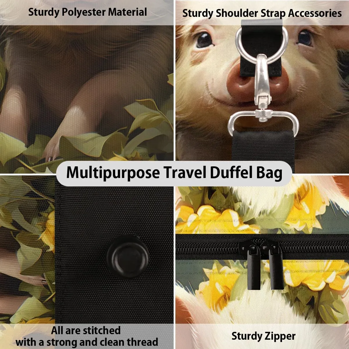 Cute Pig Sunflowers Travel Duffel Bag for Women Men Waterproof Foldable Overnight Weekender Bag Large Capacity Sports Gym Bag