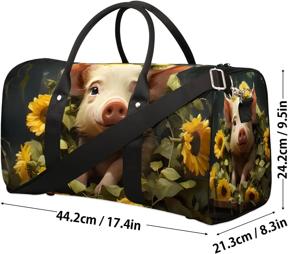 Cute Pig Sunflowers Travel Duffel Bag for Women Men Waterproof Foldable Overnight Weekender Bag Large Capacity Sports Gym Bag