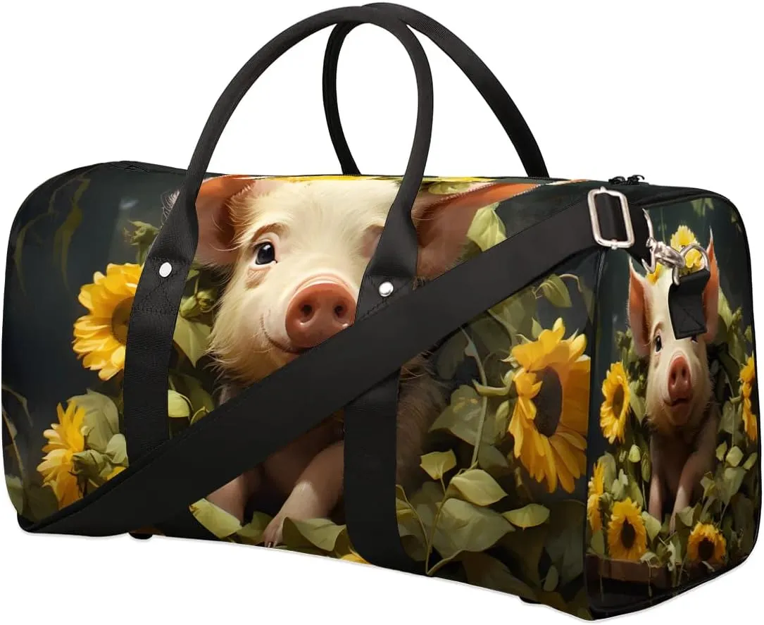 Cute Pig Sunflowers Travel Duffel Bag for Women Men Waterproof Foldable Overnight Weekender Bag Large Capacity Sports Gym Bag