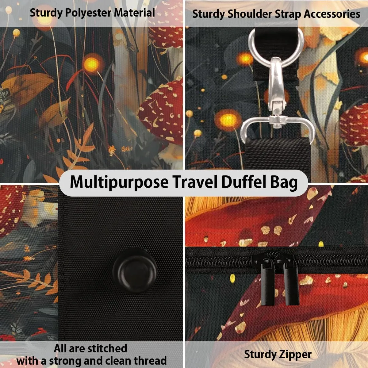 Cute Red Mushroom Travel Duffel Bag for Women Men Waterproof Foldable Overnight Weekender Bag Large Capacity Sports Gym Bag