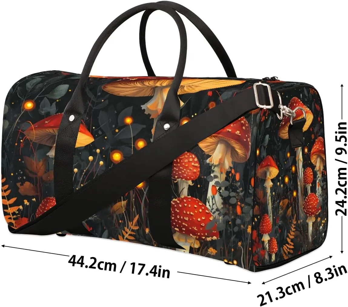 Cute Red Mushroom Travel Duffel Bag for Women Men Waterproof Foldable Overnight Weekender Bag Large Capacity Sports Gym Bag