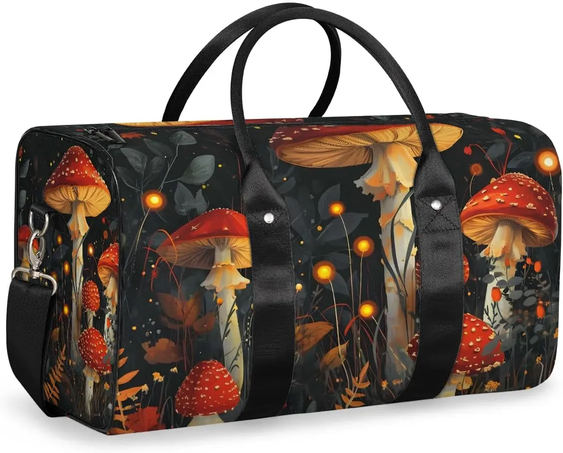 Cute Red Mushroom Travel Duffel Bag for Women Men Waterproof Foldable Overnight Weekender Bag Large Capacity Sports Gym Bag