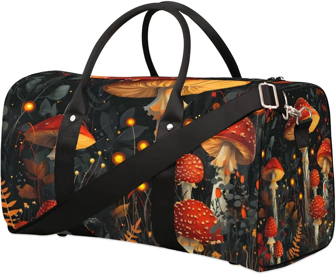Cute Red Mushroom Travel Duffel Bag for Women Men Waterproof Foldable Overnight Weekender Bag Large Capacity Sports Gym Bag