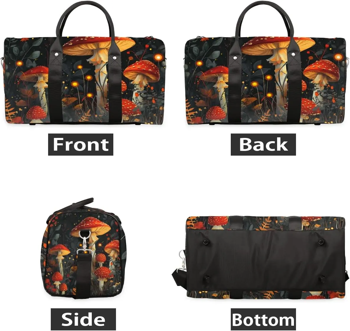 Cute Red Mushroom Travel Duffel Bag for Women Men Waterproof Foldable Overnight Weekender Bag Large Capacity Sports Gym Bag