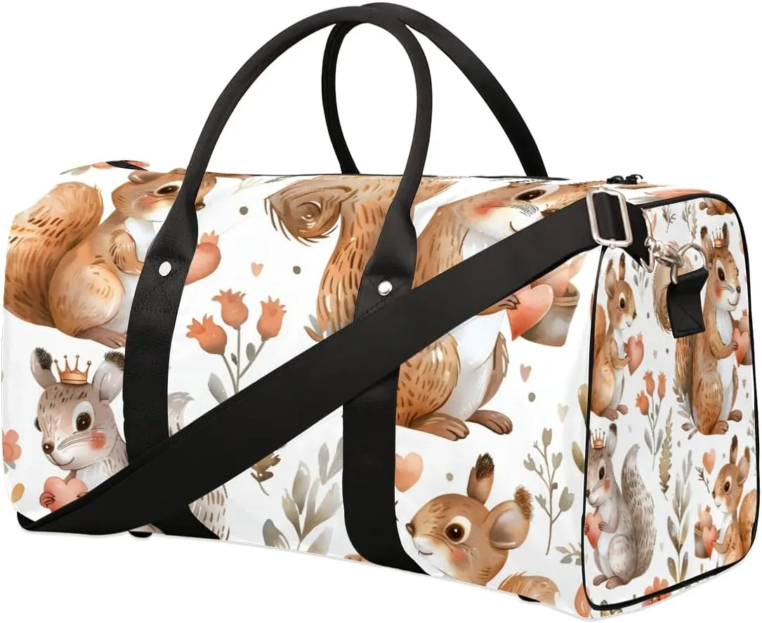 Cute Squirrel Flower Travel Duffel Bag for Women Men Waterproof Foldable Overnight Weekender Bag Large Capacity Sports Gym Bag