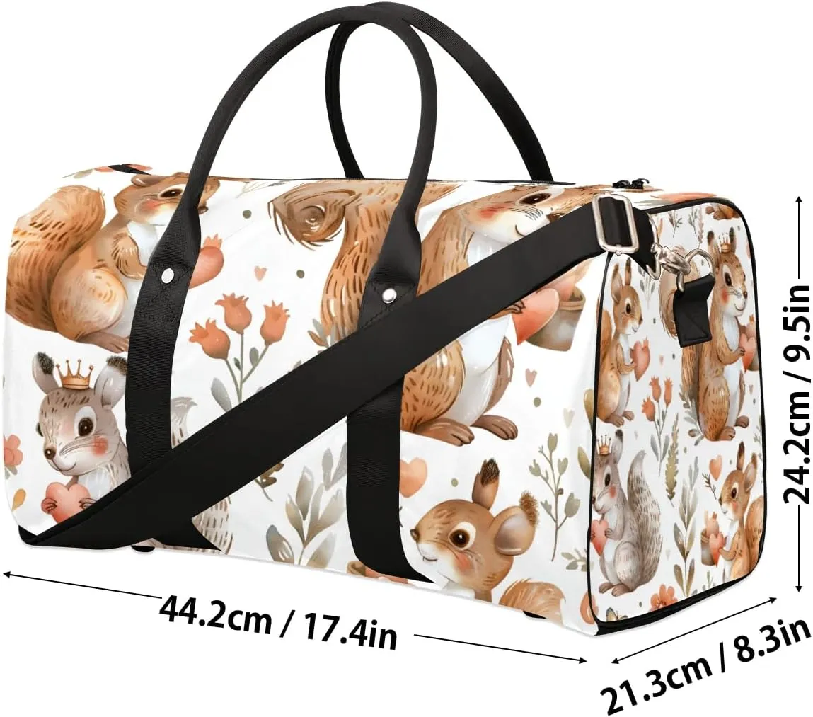 Cute Squirrel Flower Travel Duffel Bag for Women Men Waterproof Foldable Overnight Weekender Bag Large Capacity Sports Gym Bag