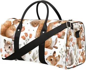 Cute Squirrel Flower Travel Duffel Bag for Women Men Waterproof Foldable Overnight Weekender Bag Large Capacity Sports Gym Bag