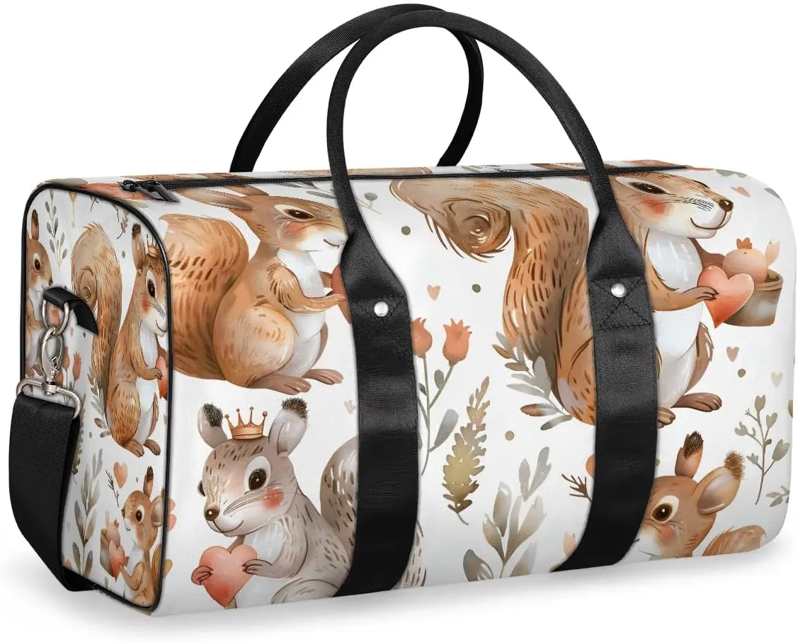 Cute Squirrel Flower Travel Duffel Bag for Women Men Waterproof Foldable Overnight Weekender Bag Large Capacity Sports Gym Bag