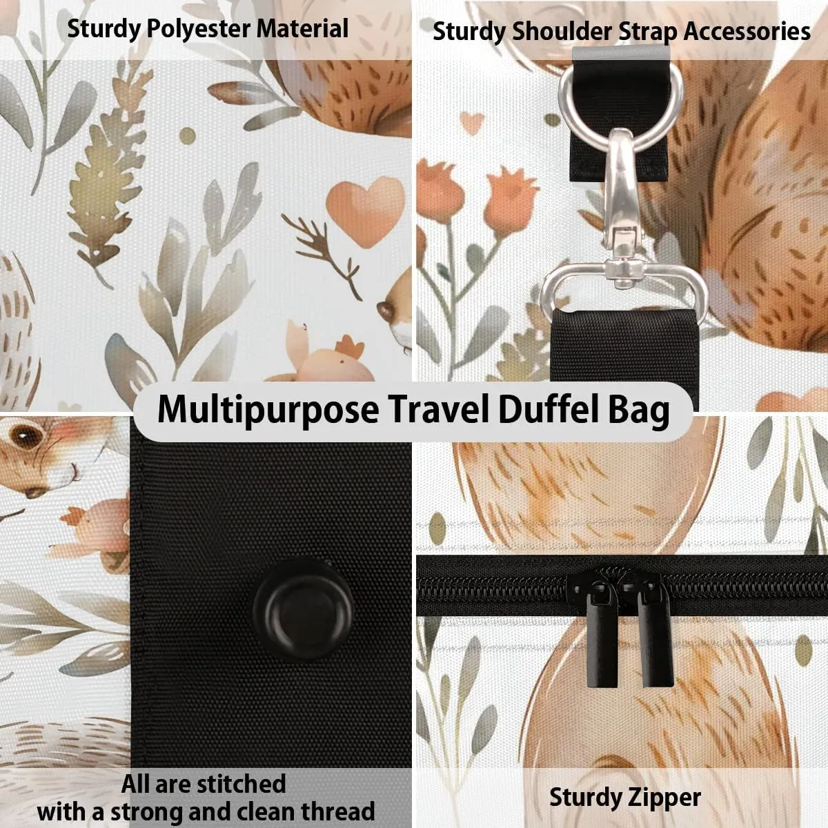 Cute Squirrel Flower Travel Duffel Bag for Women Men Waterproof Foldable Overnight Weekender Bag Large Capacity Sports Gym Bag