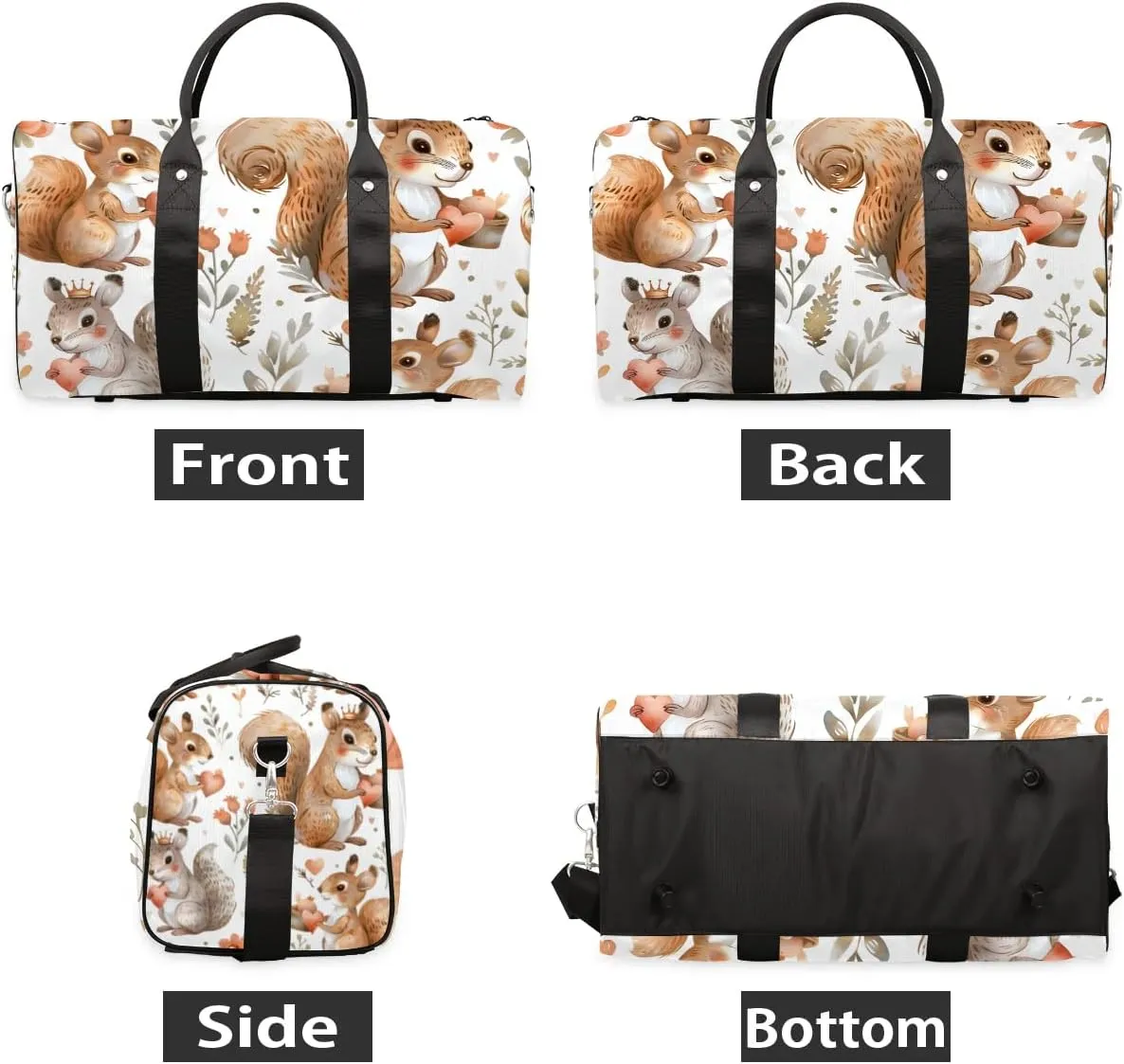 Cute Squirrel Flower Travel Duffel Bag for Women Men Waterproof Foldable Overnight Weekender Bag Large Capacity Sports Gym Bag