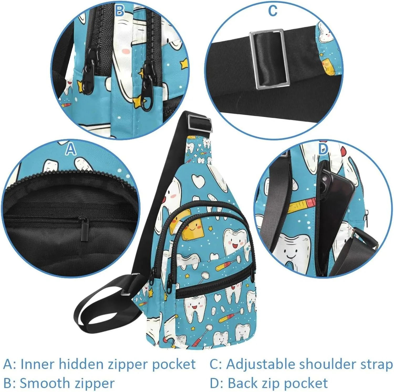 Cute Teeth Sling Bag for Women Travel Shoulder Bag Chest Bag