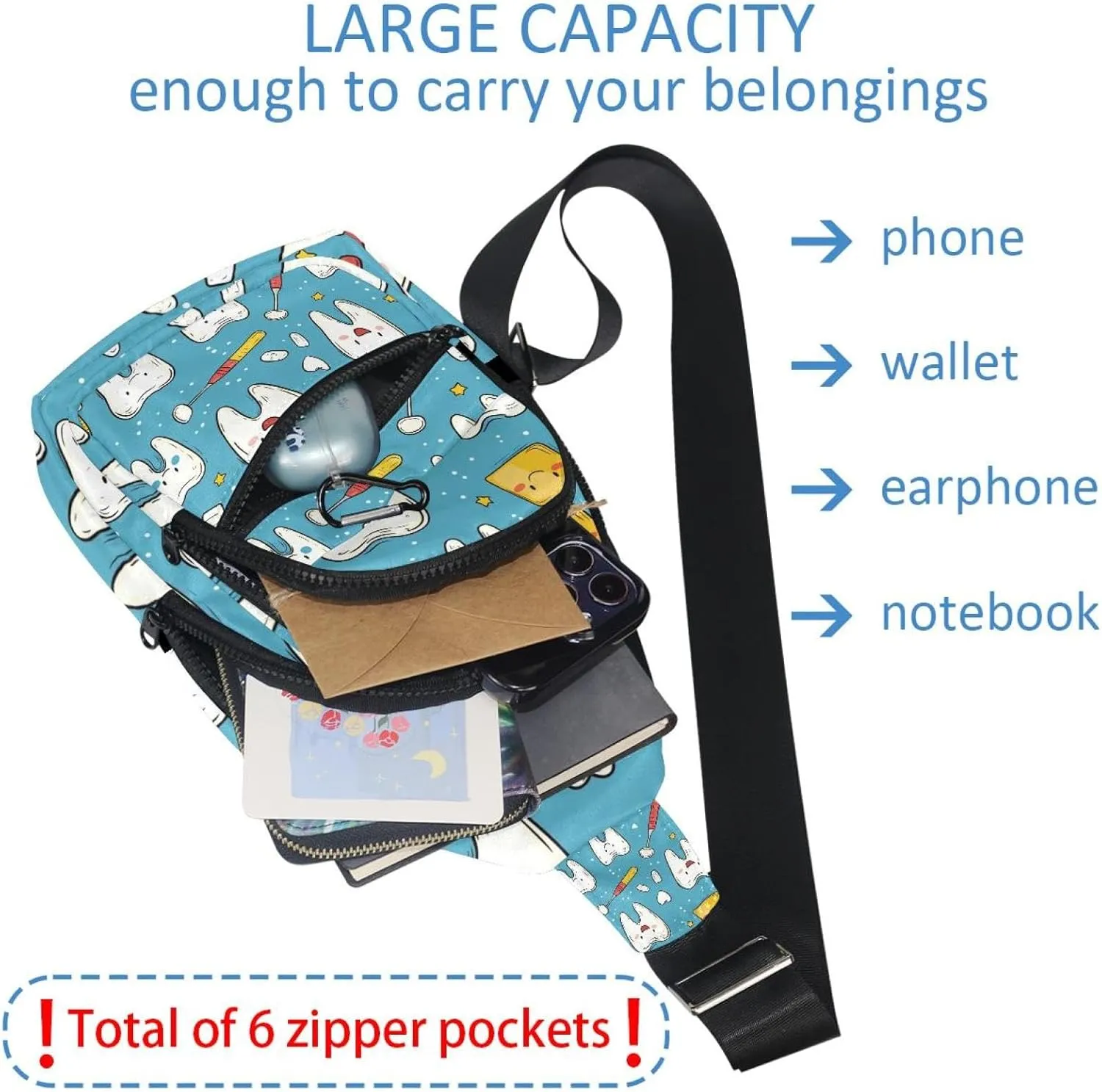 Cute Teeth Sling Bag for Women Travel Shoulder Bag Chest Bag
