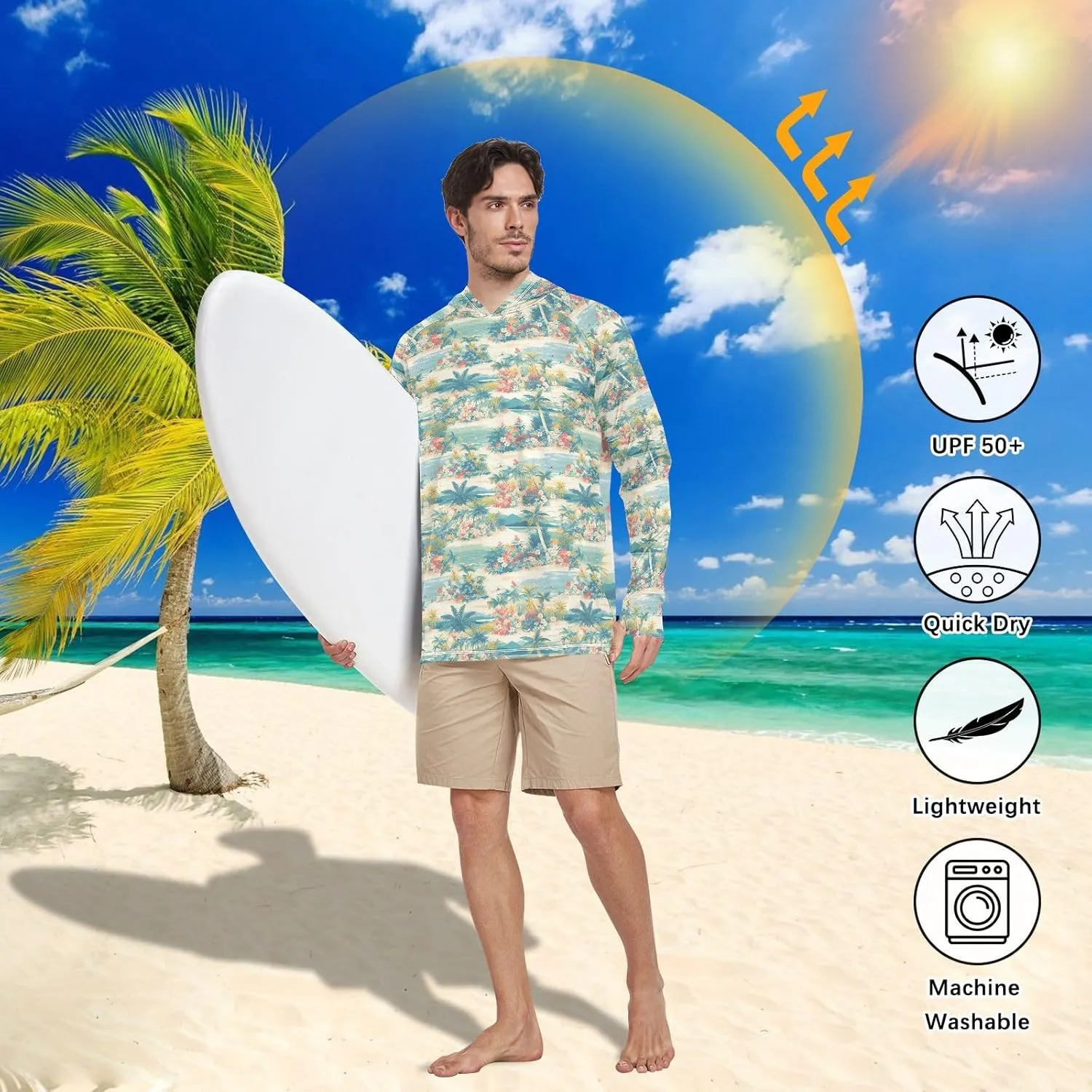 Cute Tropical Mens Sun Protection Hoodie Long Sleeve Fishing Shirt UPF 50  Sunproof Shirts Rash Guard for Men