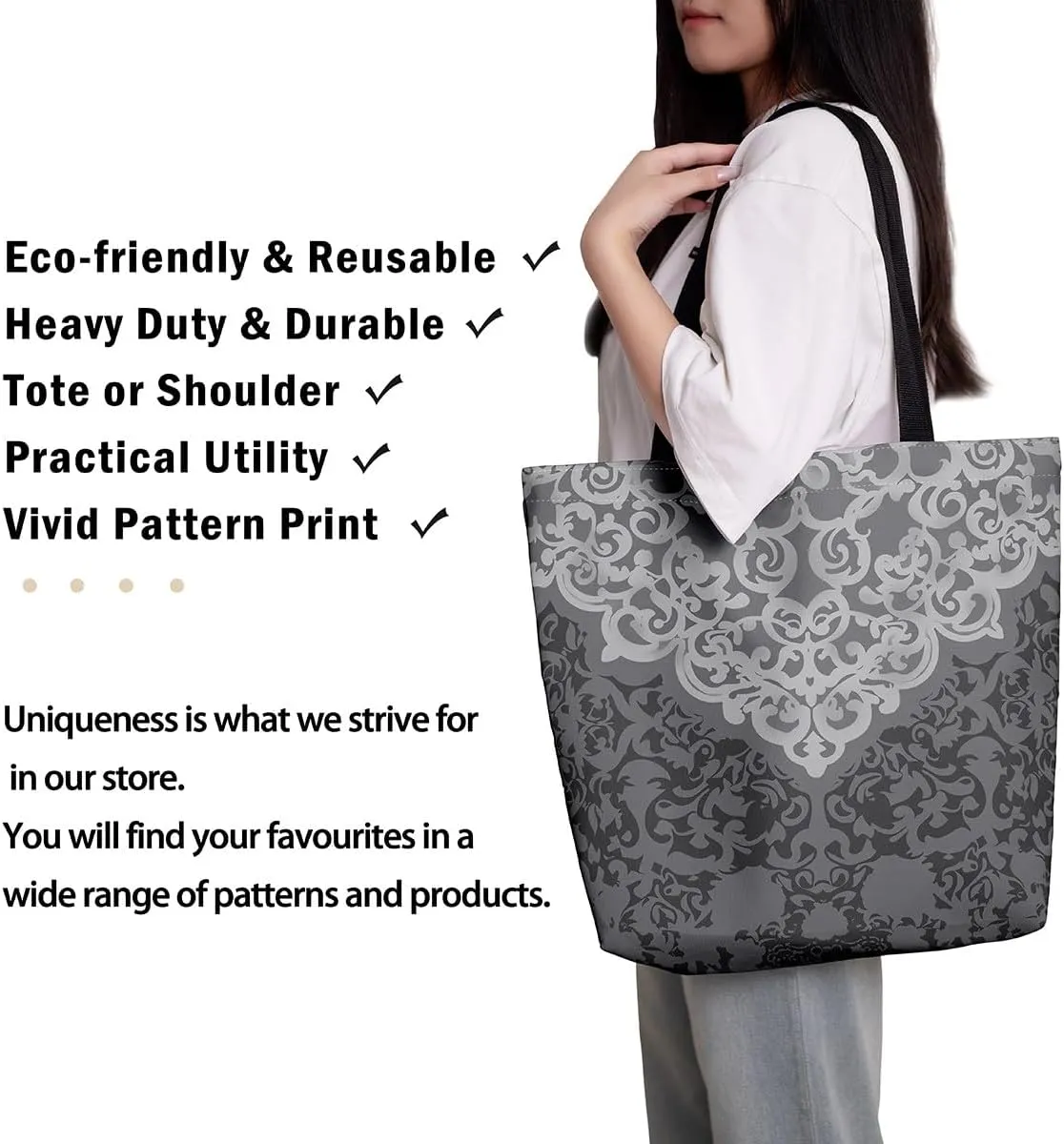 Damask Canvas Tote Bag for Women Gothic Travel Shopping Bag,Victorian Reusable Grocery Shoulder Bag
