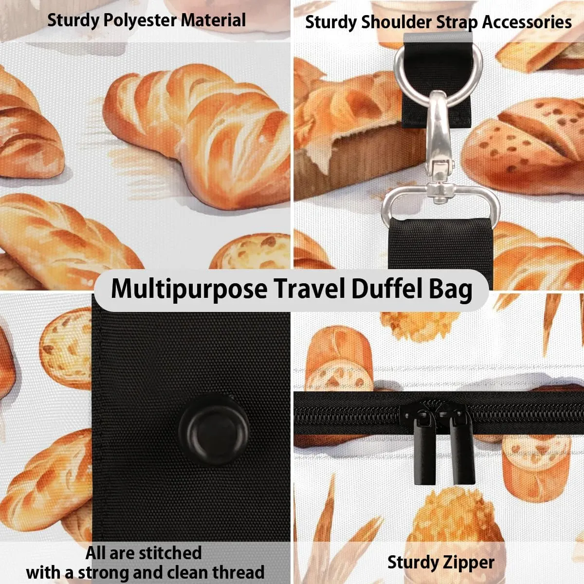 Danish Bread Print Travel Duffel Bag for Women Men Waterproof Foldable Overnight Weekender Bag Large Capacity Sports Gym Bag