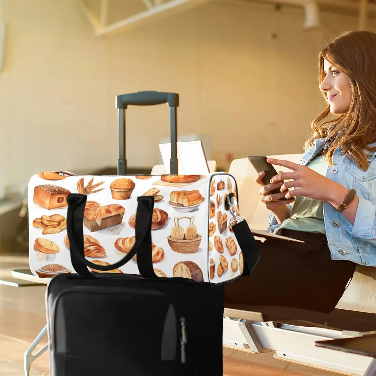Danish Bread Print Travel Duffel Bag for Women Men Waterproof Foldable Overnight Weekender Bag Large Capacity Sports Gym Bag
