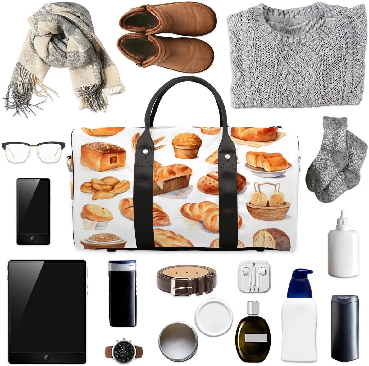 Danish Bread Print Travel Duffel Bag for Women Men Waterproof Foldable Overnight Weekender Bag Large Capacity Sports Gym Bag