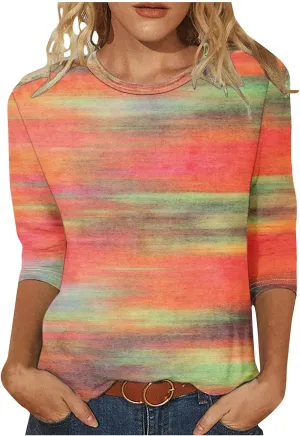 DASAYO Womens Fashion 2024 3/4 Sleeve Shirts Crewneck Casual Plus Size Tops for Women Trendy Tie Die Print Going Out Tops