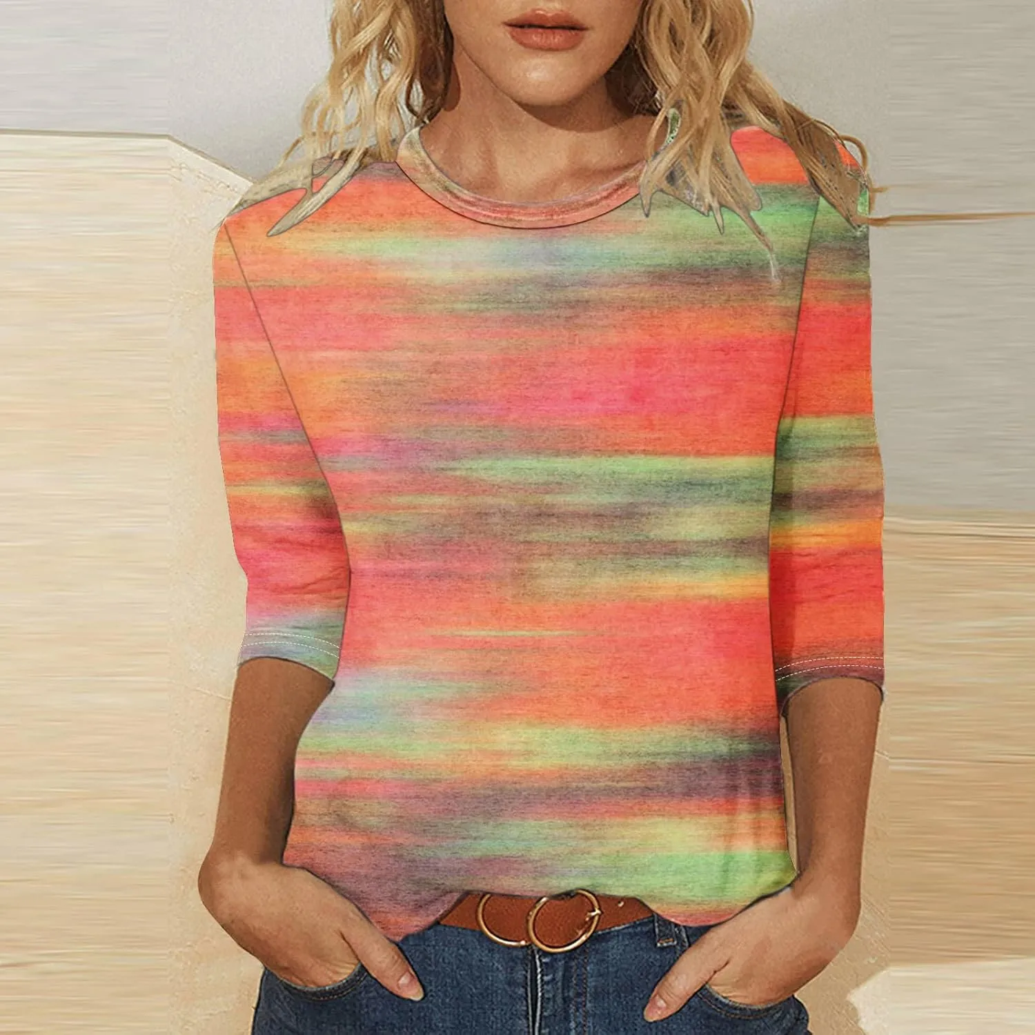 DASAYO Womens Fashion 2024 3/4 Sleeve Shirts Crewneck Casual Plus Size Tops for Women Trendy Tie Die Print Going Out Tops
