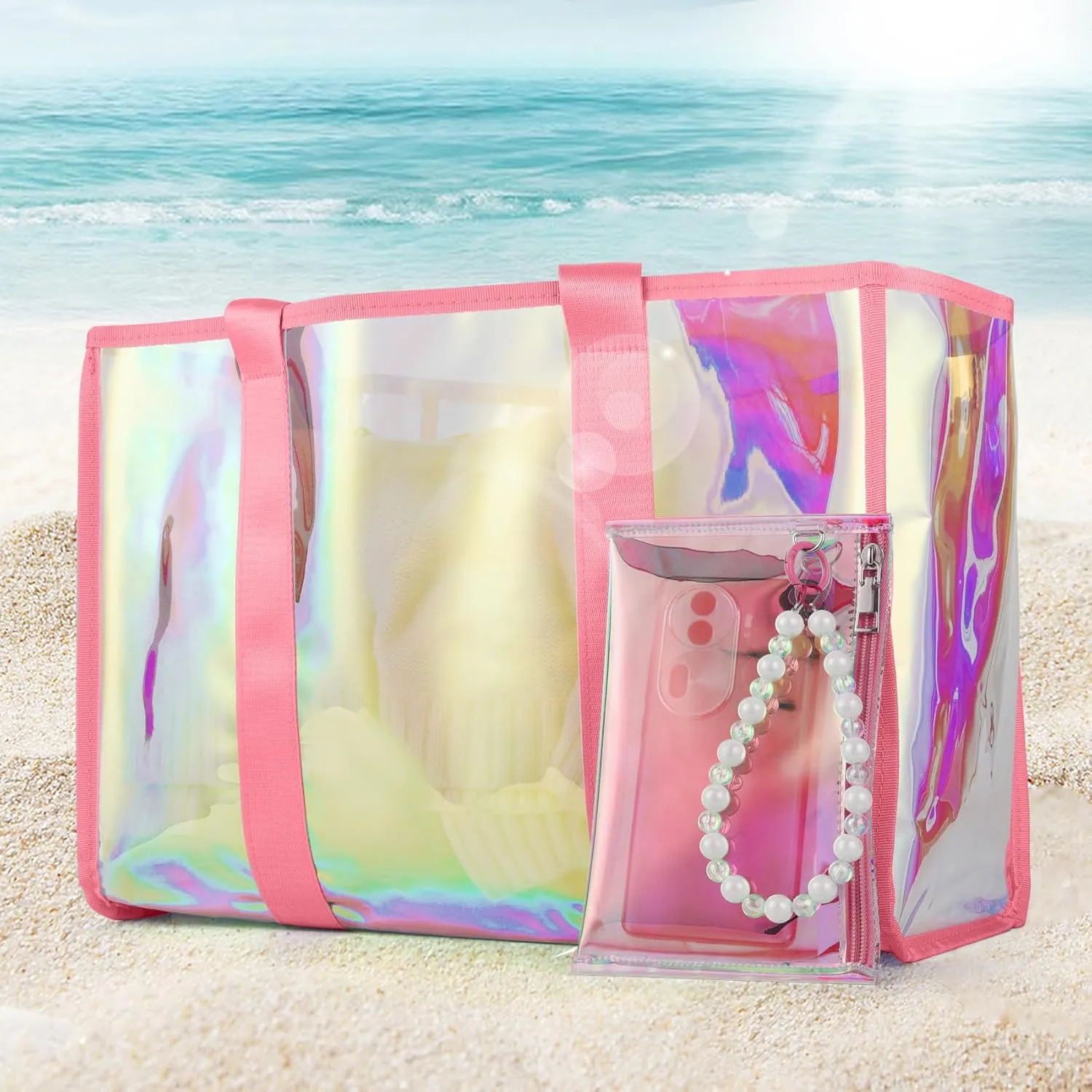 Didida Large Beach Tote Bag For Women 26L With Touch Screen Phone Bag Clear Waterproof Sandproof Beach Shoulder Bag Handbag