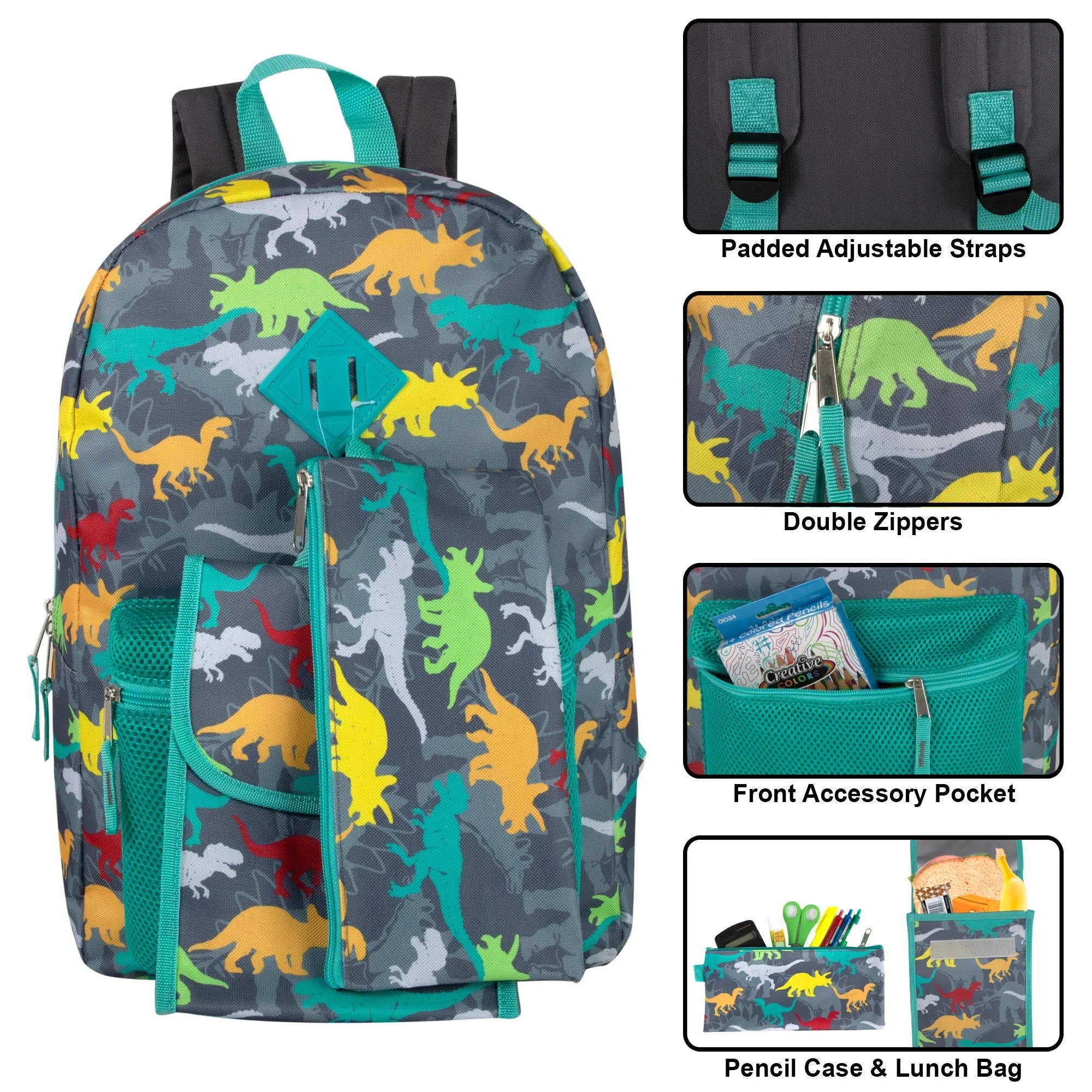 Dino Themed 17 Inch Backpack With Lunch Bag & Pencil Case Wholesale
