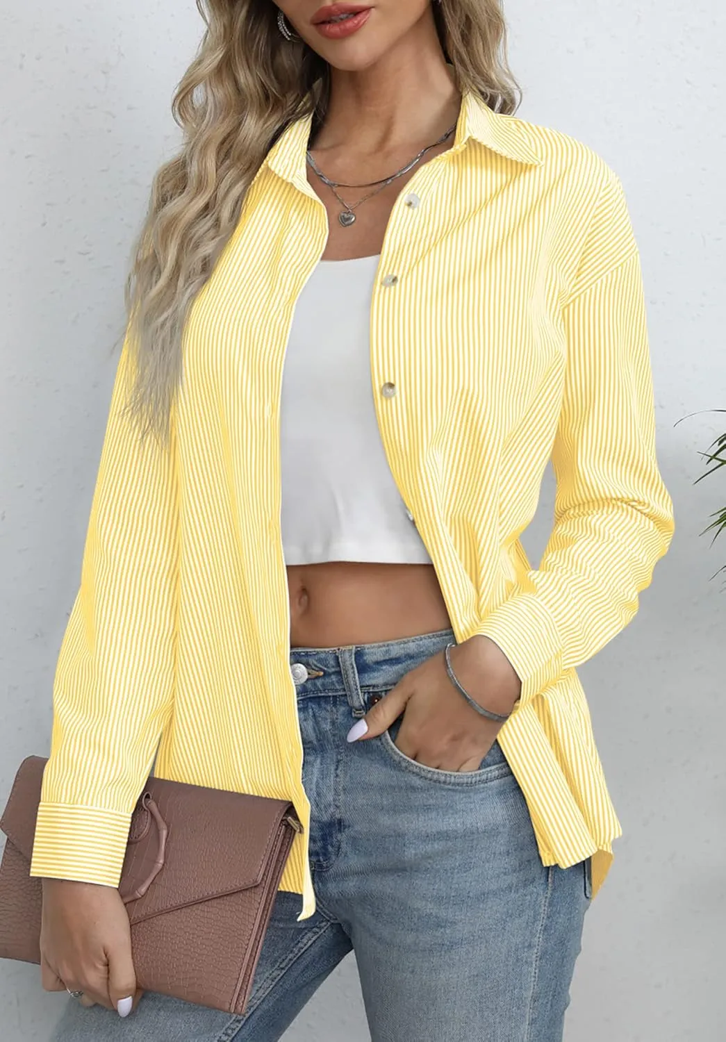 Diosun Womens Striped Button Down Shirts Classic Long Sleeve Stylish Collared Office Work Blouses Tops