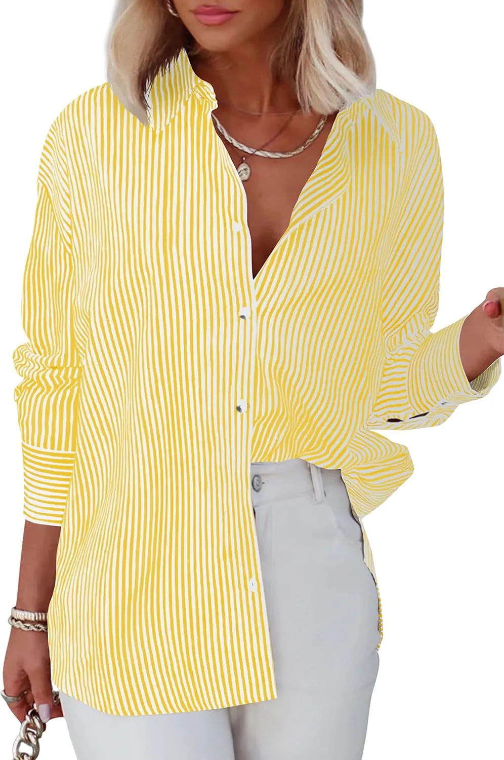 Diosun Womens Striped Button Down Shirts Classic Long Sleeve Stylish Collared Office Work Blouses Tops