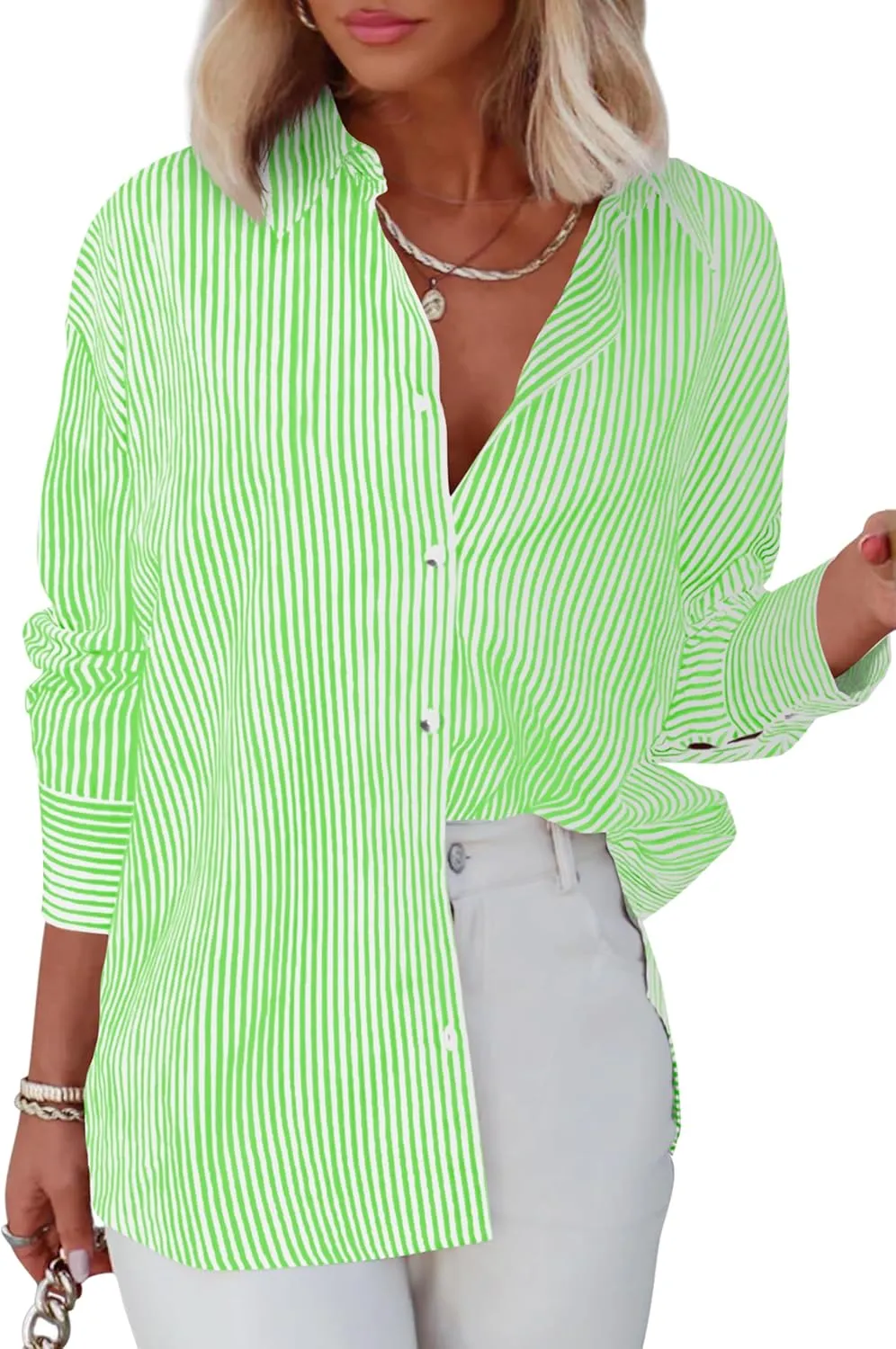 Diosun Womens Striped Button Down Shirts Classic Long Sleeve Stylish Collared Office Work Blouses Tops