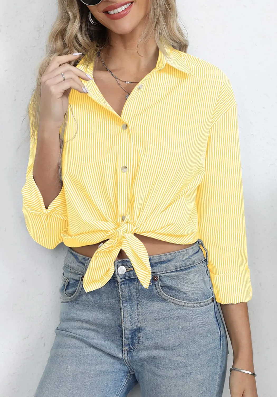 Diosun Womens Striped Button Down Shirts Classic Long Sleeve Stylish Collared Office Work Blouses Tops