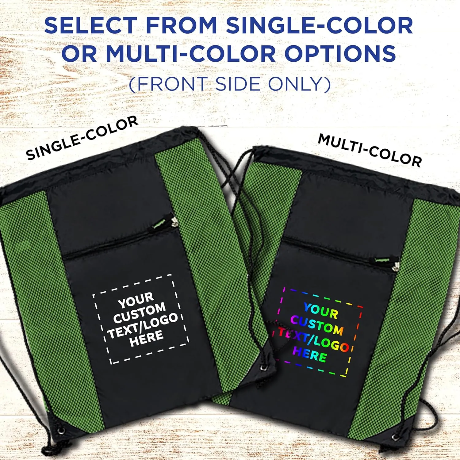 DISCOUNT PROMOS 10 Zipper Pocket Drawstring Backpacks Set - Customizable Text, Logo - Polyester, Front Mesh, Black Strap - Lime Green