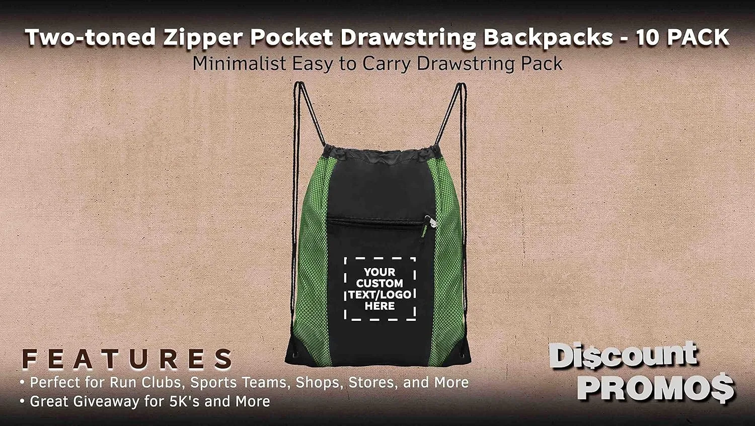 DISCOUNT PROMOS 10 Zipper Pocket Drawstring Backpacks Set - Customizable Text, Logo - Polyester, Front Mesh, Black Strap - Lime Green