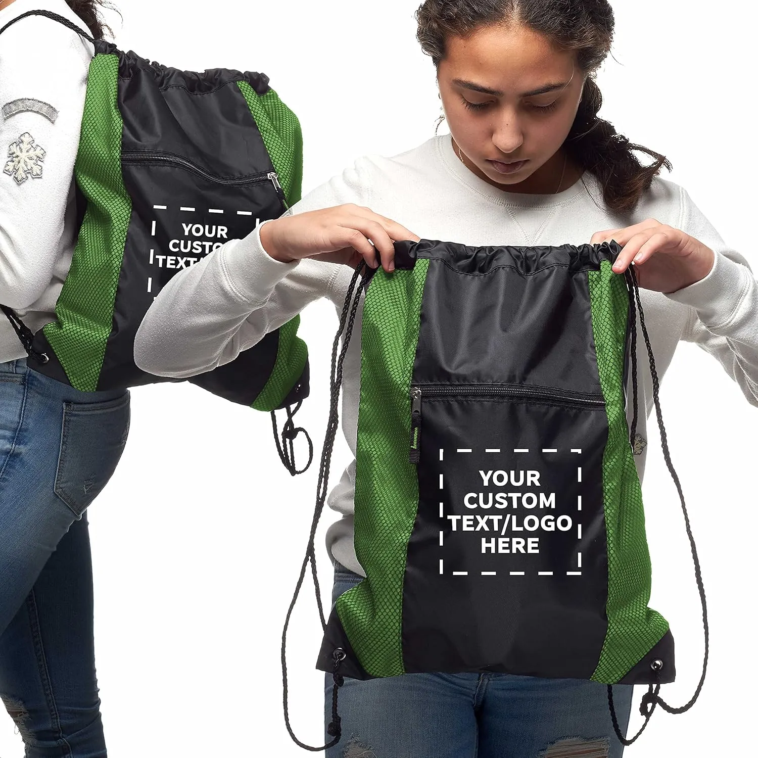 DISCOUNT PROMOS 10 Zipper Pocket Drawstring Backpacks Set - Customizable Text, Logo - Polyester, Front Mesh, Black Strap - Lime Green