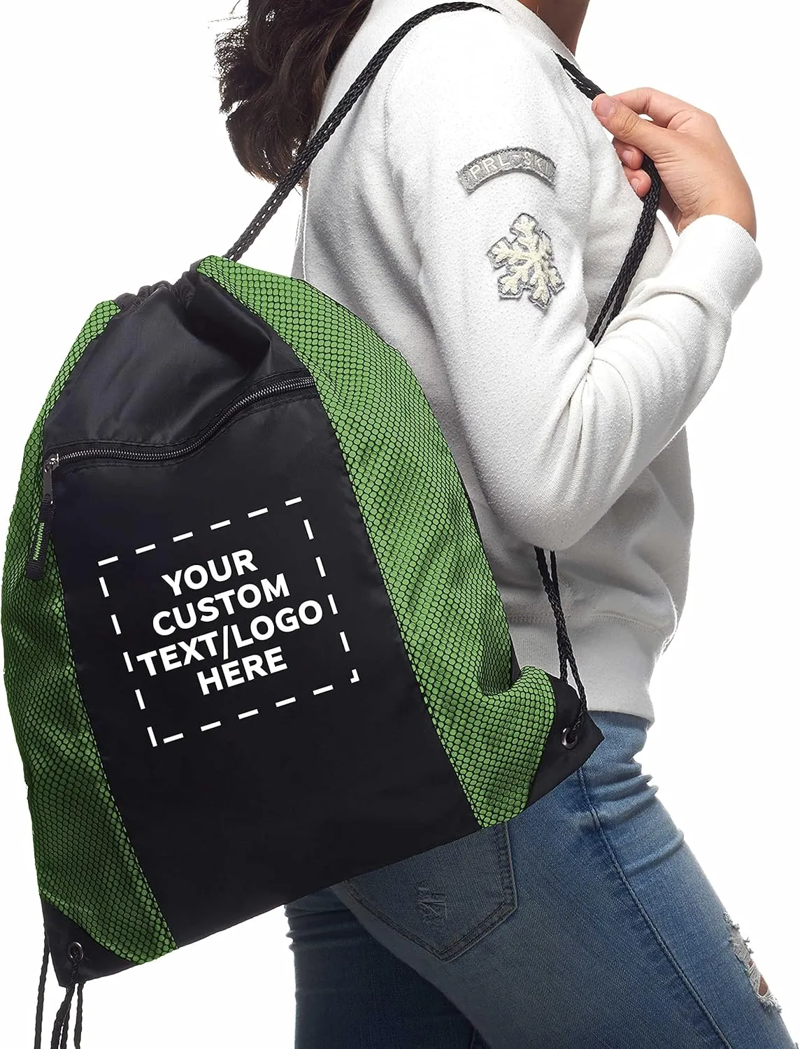 DISCOUNT PROMOS 10 Zipper Pocket Drawstring Backpacks Set - Customizable Text, Logo - Polyester, Front Mesh, Black Strap - Lime Green